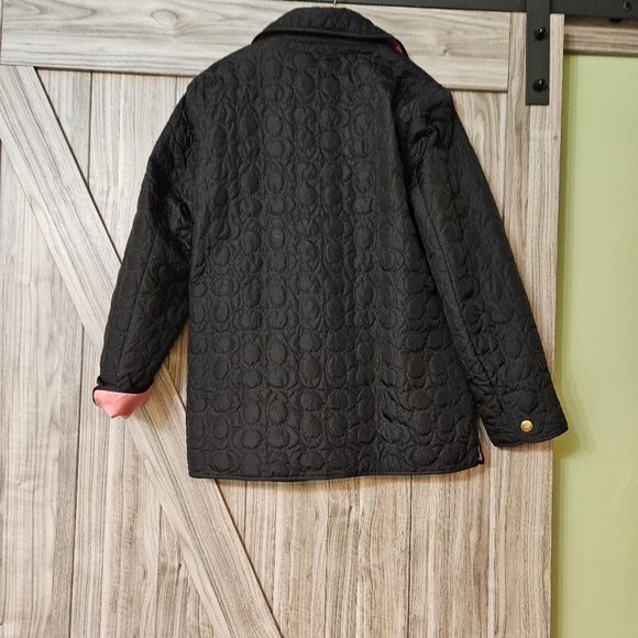 Coach Black Quilted Logo C Jacket Coat Button Front Pink Lining - Picture 11 of 12